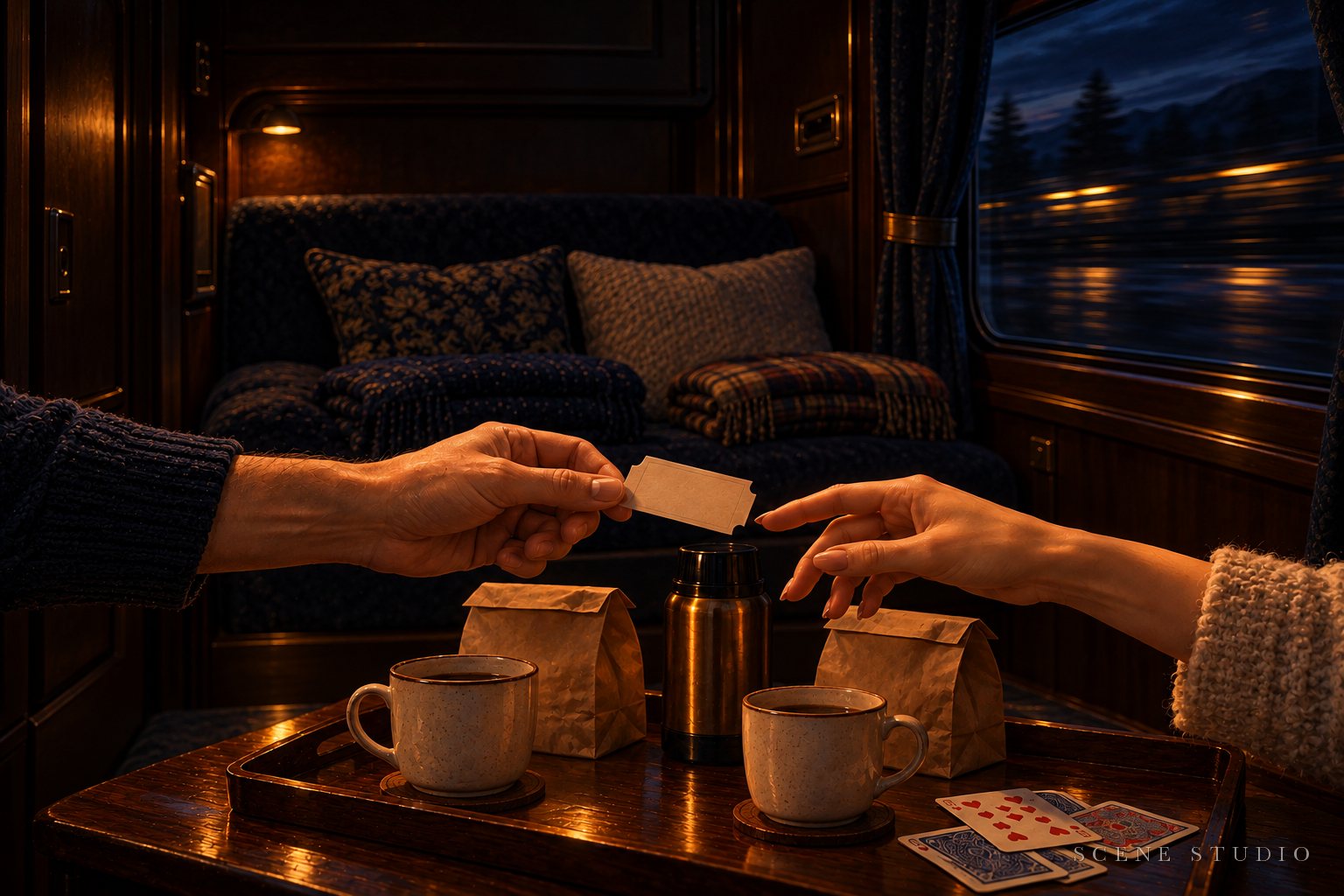 Two hands passing a ticket across a small table, a night landscape rushing past the window